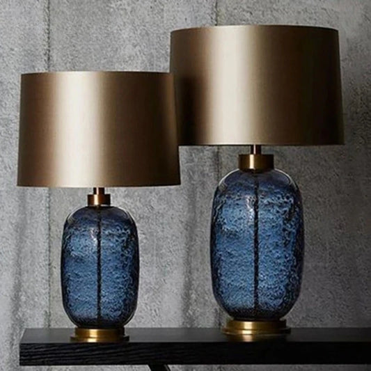 2026 SHIYAN Modern American Blue Glass Floor Lamp Fabric Lampshade Warm LED Light Bedroom Bedside Table Living Room Decoration